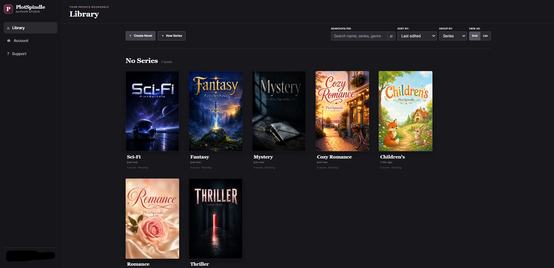 The PlotSpindle Library showing novel covers, search, sorting, series grouping, and grid controls